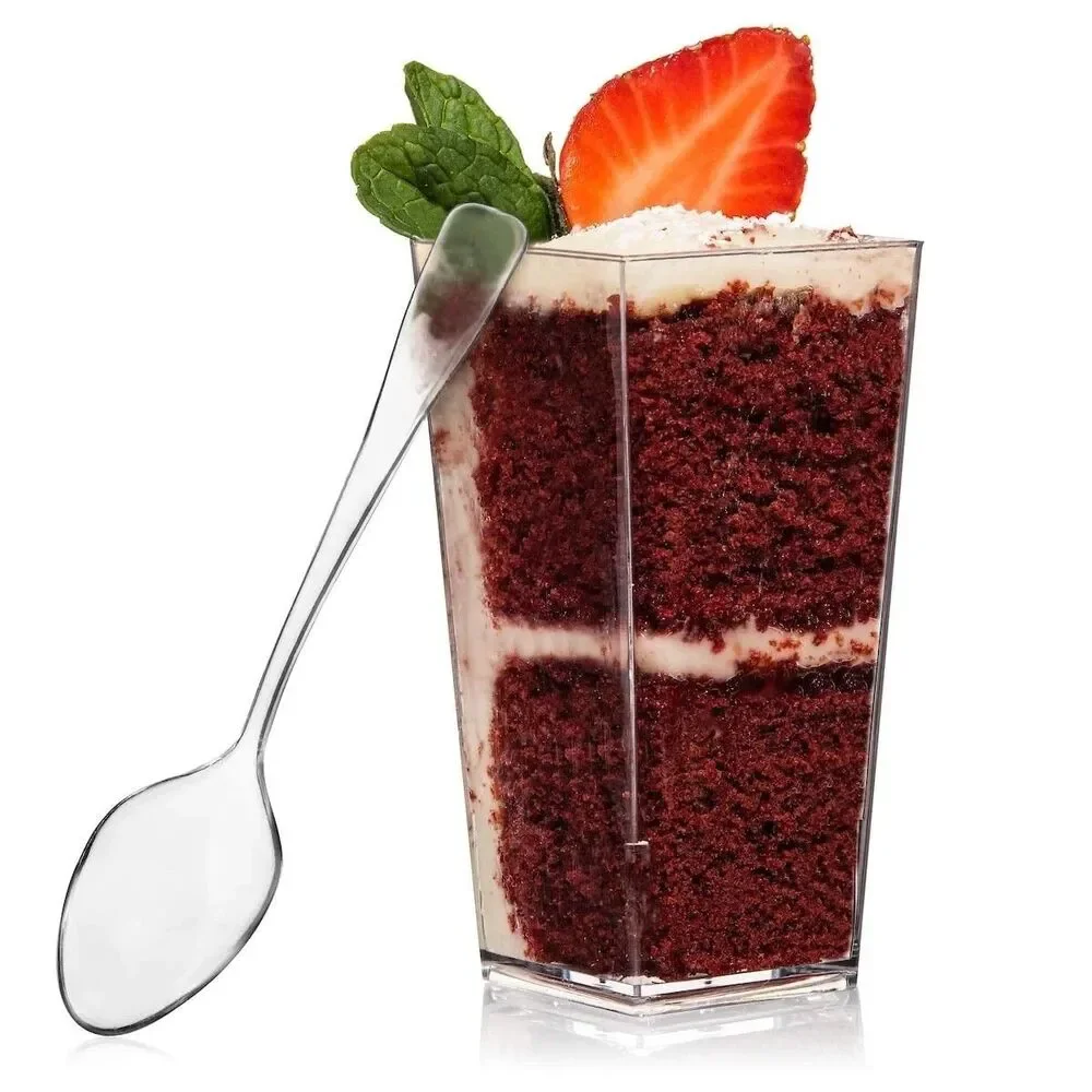 Oasis Creations 50 PC Clear Tall Square Mini Dessert Appetizer 3 Oz Cup W/Spoons